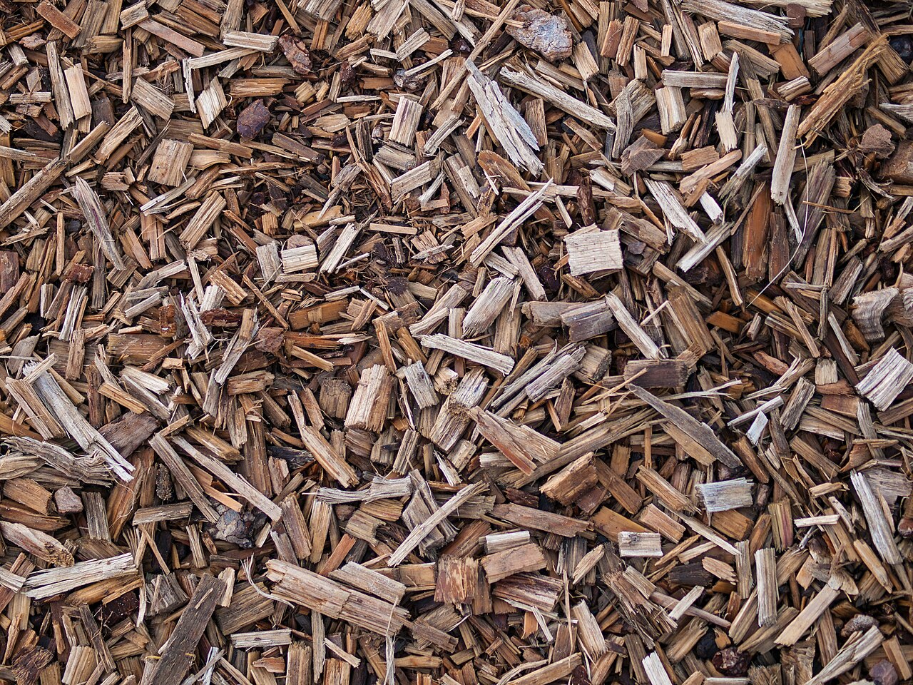 Close-up of brown woodchip mulch texture in a garden bed.
